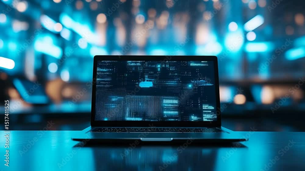 Poster laptop screen displaying complex code with futuristic background for tech concept