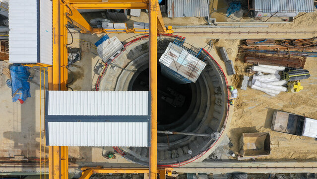 Aerial View of Construction Site With Tunnel and Excavation Machinery