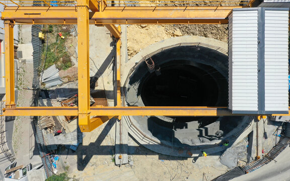 Construction Site including Tunnel Shaft Excavation and Crane