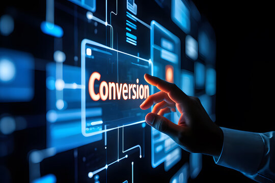 Human hand interacting with a digital conversion interface on a futuristic technology display. - Powered by Adobe