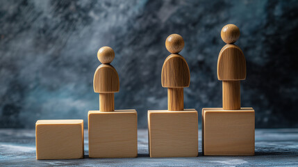 Leadership and Career Growth. Three wooden peg figures stand on wooden blocks of varying heights, symbolizing competition, success, leadership, hierarchy, career growth, and personal achievement.