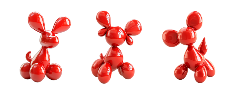 Set of Red balloon dog sculpture with shiny surface features cute and playful design isolated on transparent background
