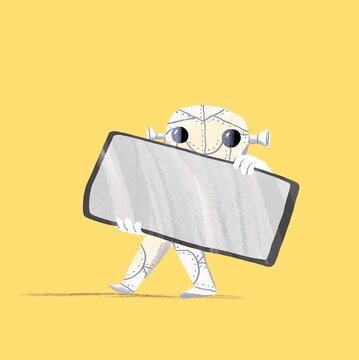 white metal robot with a smartphone 