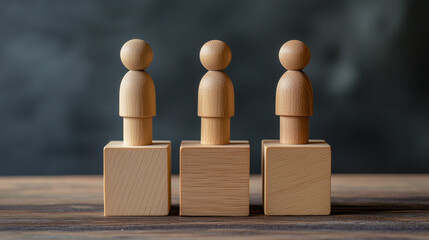 Leadership and Career Growth. Three wooden peg figures stand on wooden blocks of varying heights, symbolizing competition, success, leadership, hierarchy, career growth, and personal achievement.