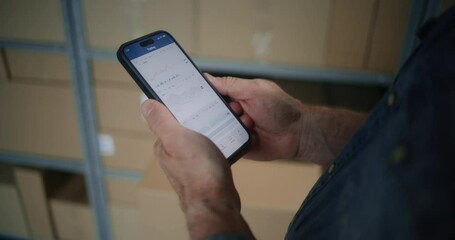 Worker Monitoring Real-Time Stocks, Exchange Market Charts Using Smartphone. Man Making Cryptocurrency Investments During Working Day in Warehouse, Combining Job with Online Trading. Close Up Shot. - Powered by Adobe