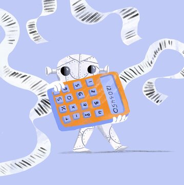 white metal robot with a calculator
