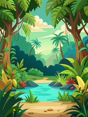 Serene Tropical Landscape. Lush Jungle. River. and Palm Trees