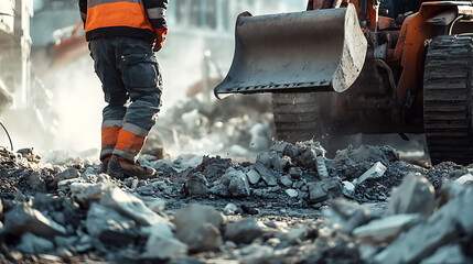 Construction Worker Standing Near Bulldozer Amidst Debris