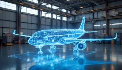 Virtual hologram tech interface future airplane manufacturing. Aircraft blueprint displayed as glowing wireframe model in hangar. Modern design, futuristic concept. Concept art for aerospace tech
