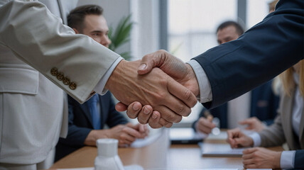 Business handshake symbolizing agreement and partnership in a meeting.