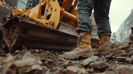 Construction Worker's Boots Near Heavy Machinery on a Work Site