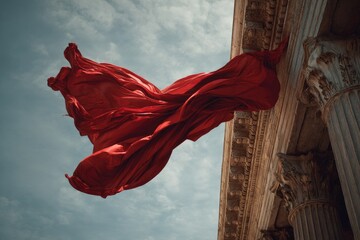 Red fabric billows against ancient columns
