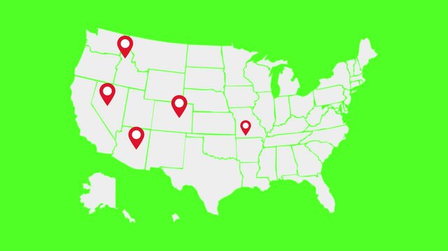 Animation map united state pin point green screen