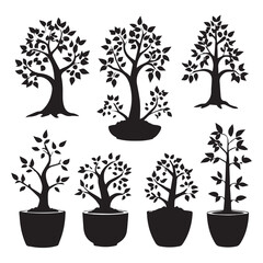 Obraz premium Silhouette collection of various trees and bonsai in pots. Simple, stylized black silhouettes of different tree types.