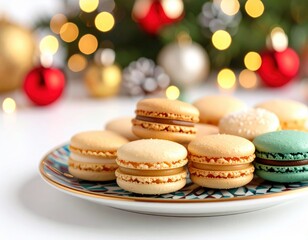 Fototapeta premium A delightful assortment of colorful macarons sits on a patterned plate against a festive background of Christmas lights and ornaments creating a perfect holiday treat image.