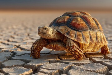 Obraz premium A tortoise walking on cracked, dry earth under a bright sky, symbolizing resilience and survival in harsh conditions.