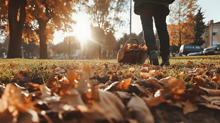 art agriculture assortment background Thanksgiving art; autumn leaves and Fruit basket with fresh autumn Fruit