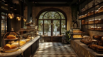 A beautifully aged bakery with intricate wallpaper and perfectly baked bread