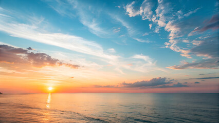 Sunset over Calm Ocean Waters Peaceful Sky with Colorful Clouds at Golden Hour Beach Landscape