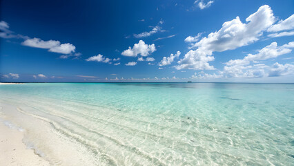 Serene Tropical Beach Paradise: Azure Ocean Waves Gently Lap White Sand Under a Vivid Blue Sky with Fluffy Clouds