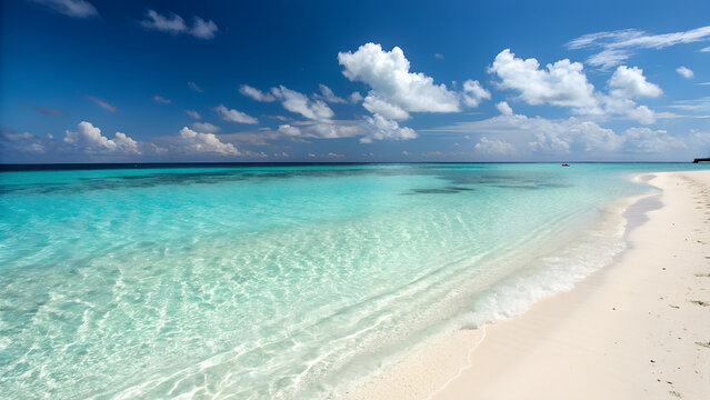 Serene tropical beach scene with crystal clear turquoise water gently lapping a pristine white sand shore under a vibrant blue sky dotted with fluffy clouds
