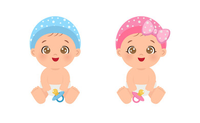 Cute baby boy and girl gender reveal with pacifier clipart