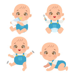 Cute baby boy activity drinking, eating, walking, crawling clipart