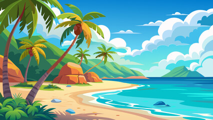 Obraz premium Serene Tropical Beach. Palm Trees. Ocean. and Sunny Skies