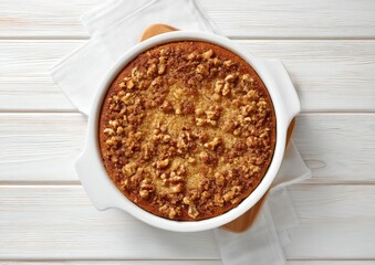 A round baked dessert, topped with chopped walnuts, sits in a white ceramic dish on a wooden surface.  A white napkin is partially visible