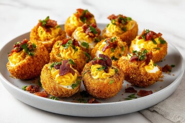 A grey plate holds numerous halved, breaded, and fried eggs.  Each egg is filled with a creamy yellow mixture and topped with crispy bacon bits and fresh parsley