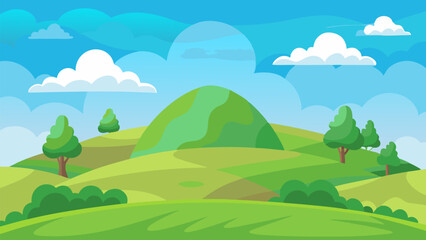 Fototapeta premium Serene Rolling Hills. A picturesque landscape of lush green meadows under a vibrant blue sky.