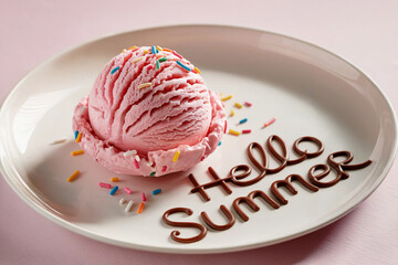 Hello Summer chocolate text and  perfectly sculpted scoop of pink ice cream  with colorful sprinkles on a white plate. 