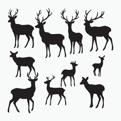 Naklejka premium Silhouette collection of various deer in different poses. Silhouette of deer against a plain white background.