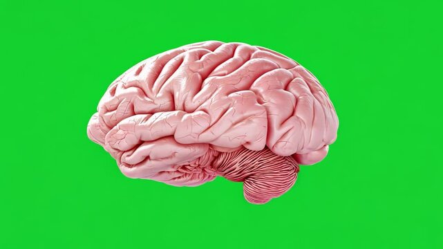 Realistic 3D Model of Human Brain with Detailed Texture on Vibrant Green Background