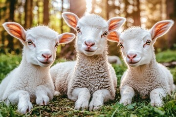 Obraz premium Three adorable lambs resting on soft grass in a sunlit forest glade during early evening hours