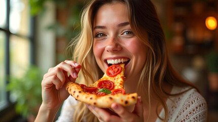 Young woman eating pizza.