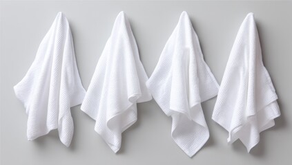 Naklejka premium Four white folded towels hang from a light gray wall