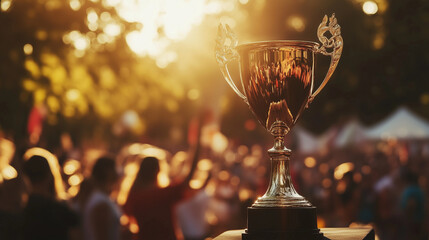 Victorious celebration of champions sports event city park trophy presentation crowd view triumph and achievement