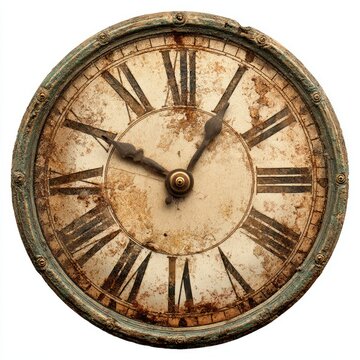 A weathered antique clock face with Roman numerals, showing signs of age and wear, including discoloration and rust.  The clock hands point to approximately 255