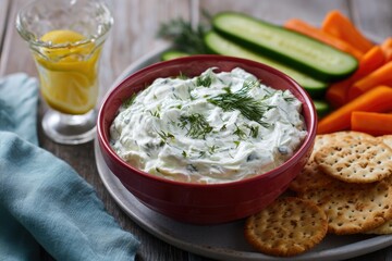 Creamy dip in a red bowl served with crackers and fresh vegetables