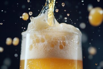 action shot of lager being poured into tilted glass, bubbles rising, frothy top