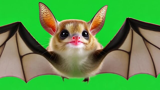 Cute small bat with large ears and bright eyes flying over a vibrant green background in a whimsical pose