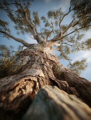 Upward view of a large, ancient tree.  Thick bark, reaching branches, pale sky