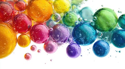 Vibrant, multicolored spheres of varying sizes float in a translucent liquid against a bright white background, creating a visually captivating and colorful abstract image