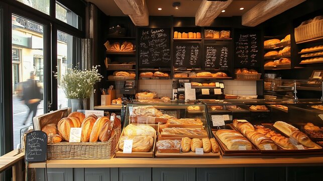 A charming boulangerie with an elegant touch and warm, golden lighting