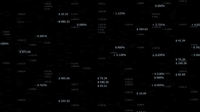 Concept business currency data loop motion on clean black background.
