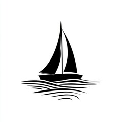 Simple black silhouette of a sailboat on stylized waves