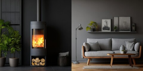 Modern minimalist living room with a contemporary wood-burning stove and a light grey sofa