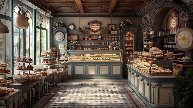 A charming European bakery with antique decor and beautifully arranged pastries