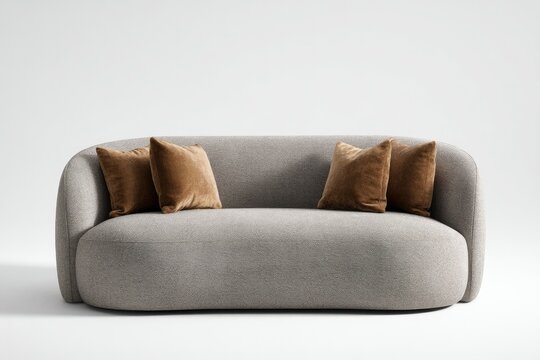 Light gray, curved sectional sofa with tan velvet pillows